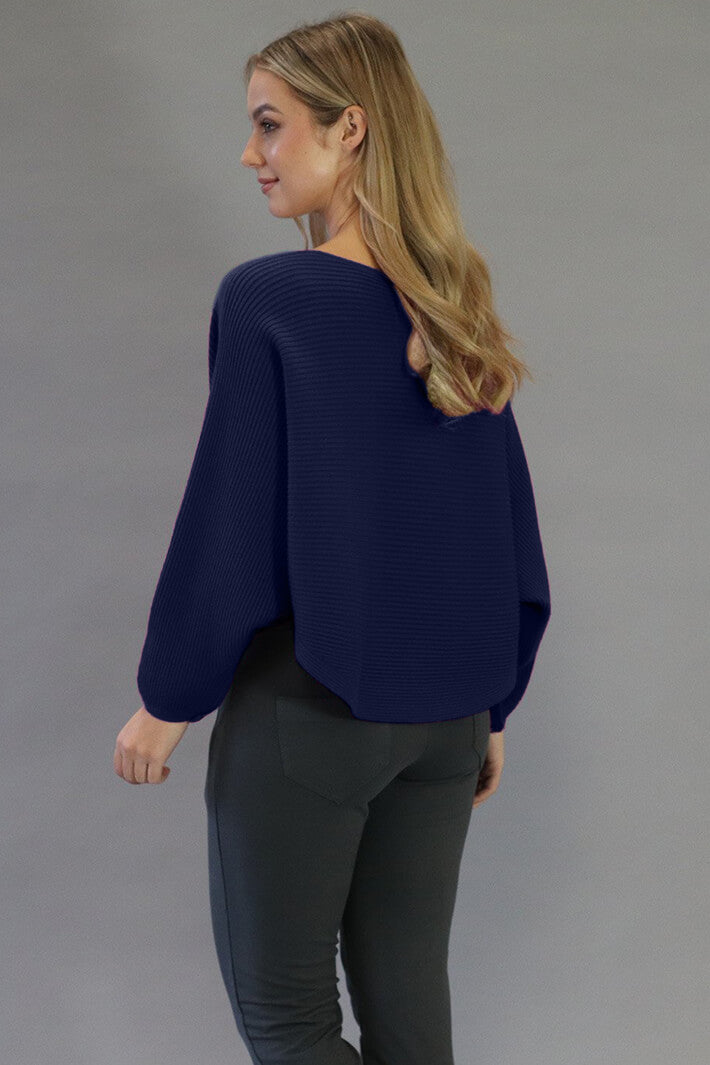 Deck 8948 Navy Ribbed Knit Batwing Arm Jumper - Rouge Boutique