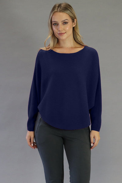 Deck 8948 Navy Ribbed Knit Batwing Arm Jumper - Rouge Boutique