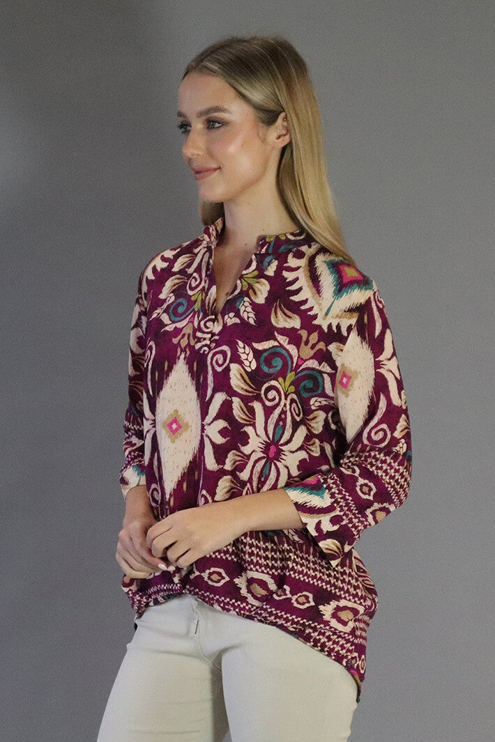 Deck MC09 Magenta Pink Print Three Quarter Sleeve Blouse - Rouge Boutique