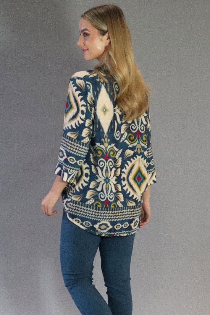 Deck MC09 Teal Print Three Quarter Sleeve Blouse - Rouge Boutique