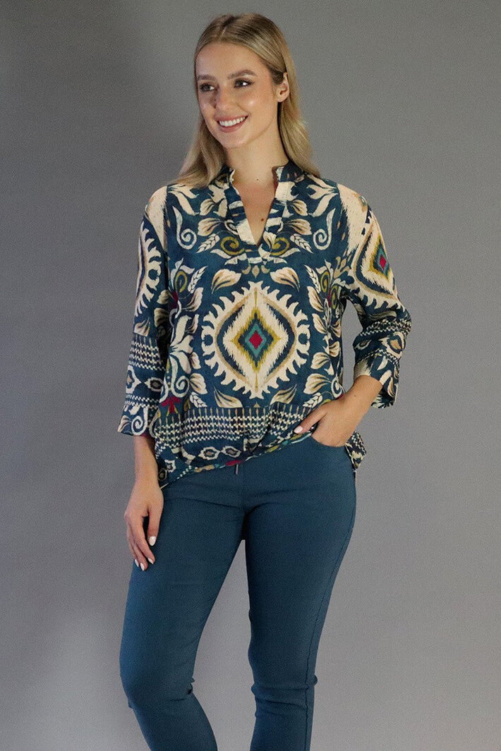Deck MC09 Teal Print Three Quarter Sleeve Blouse - Rouge Boutique