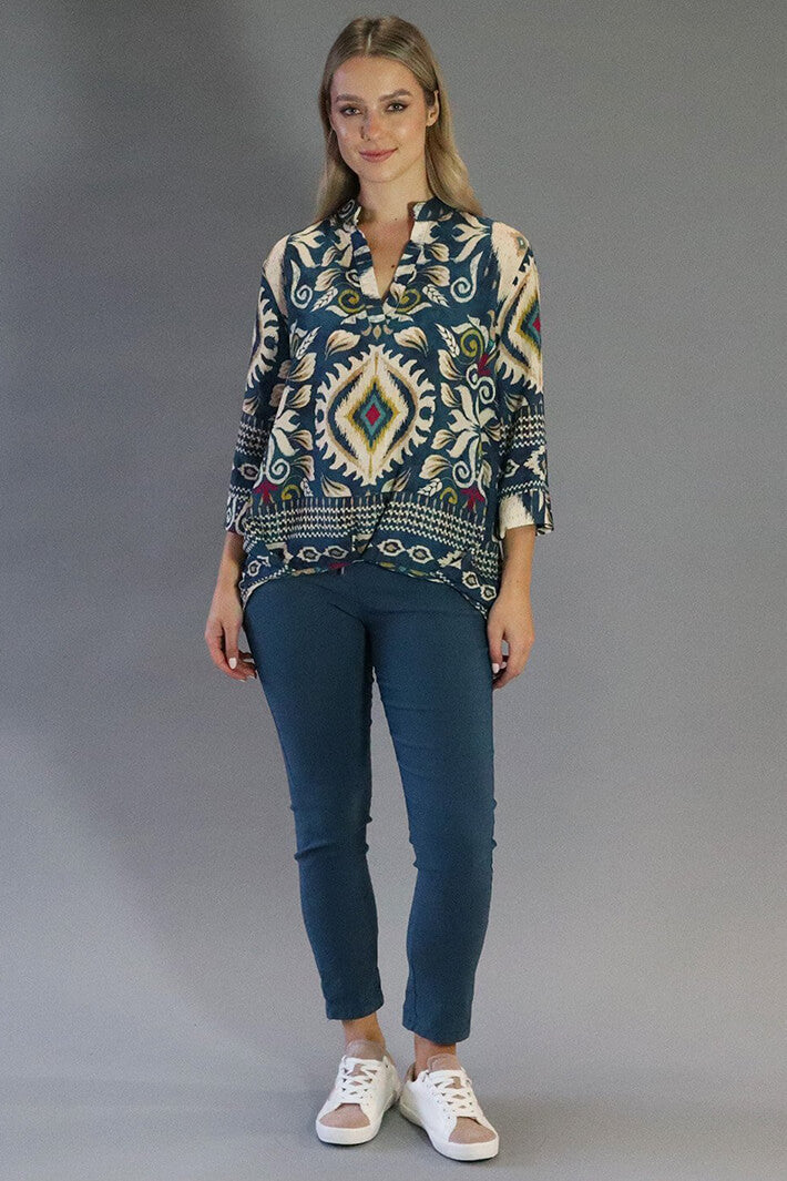 Deck MC09 Teal Print Three Quarter Sleeve Blouse - Rouge Boutique