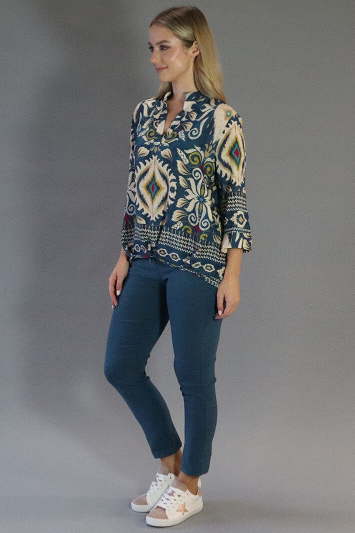 Deck MC09 Teal Print Three Quarter Sleeve Blouse - Rouge Boutique