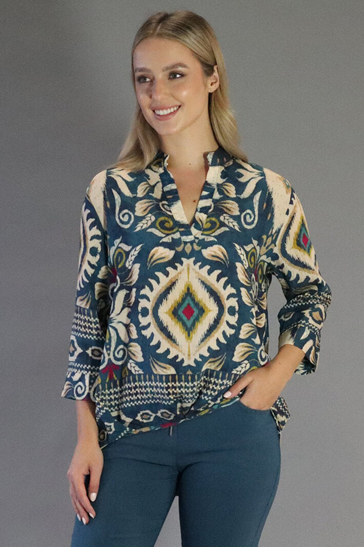 Deck MC09 Teal Print Three Quarter Sleeve Blouse - Rouge Boutique