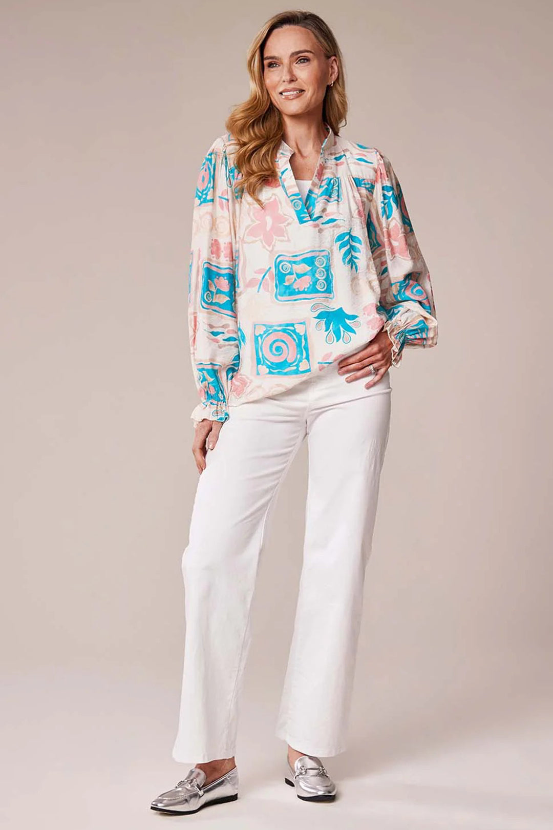 Deck MC18022S Turquoise Swirl Print Blouse