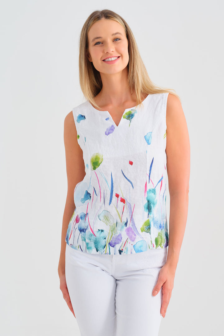 Dolcezza 25780 Misty Blossom Print White Sleeveless Cami Top - Rouge Boutique