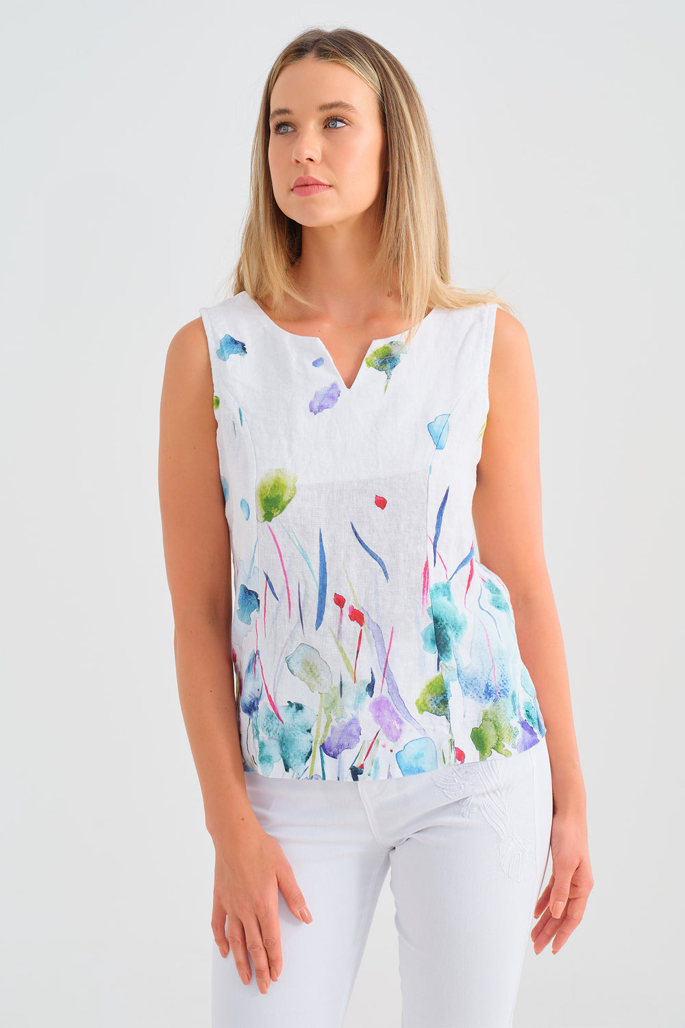 Dolcezza 25780 Misty Blossom Print White Sleeveless Cami Top - Rouge Boutique