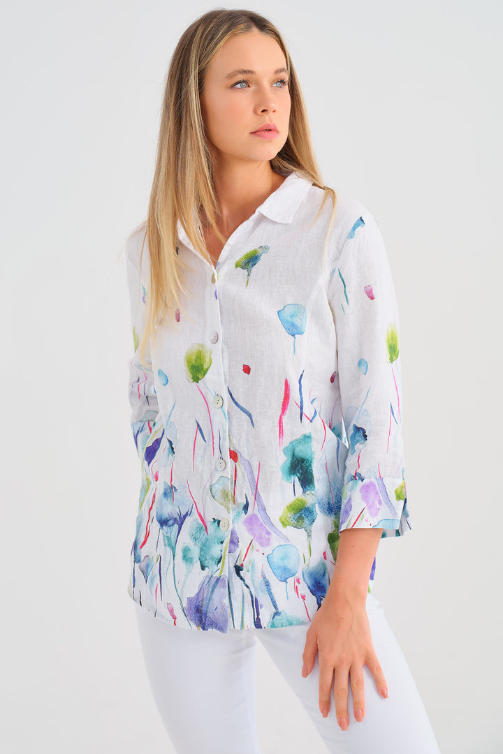 Dolcezza 25781 Misty Blossom Print White Shirt - Rouge Boutique