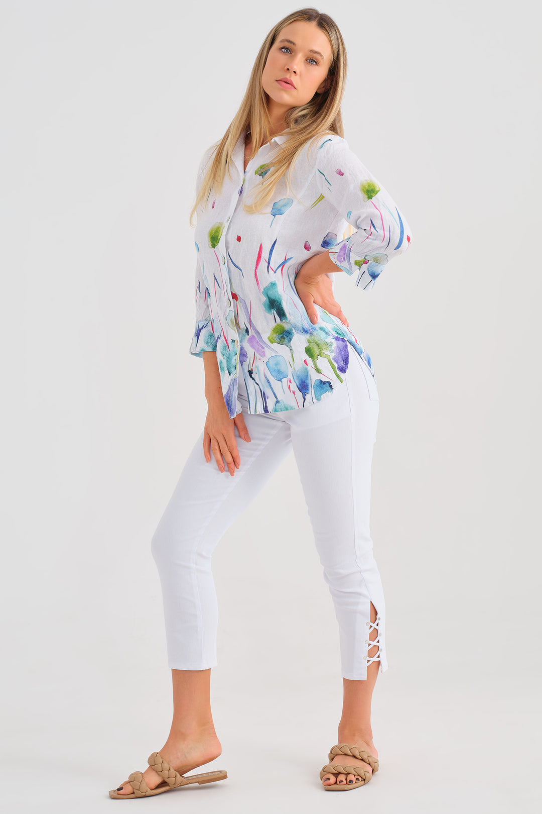 Dolcezza 25781 Misty Blossom Print White Shirt - Rouge Boutique