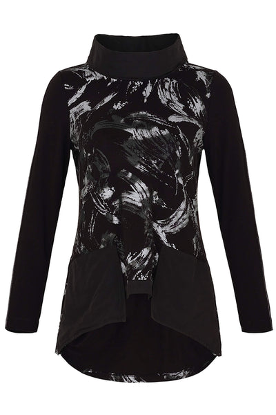 Dolcezza 73141 Black Brush Strokes Print Rollneck Tunic Top - Rouge Boutique