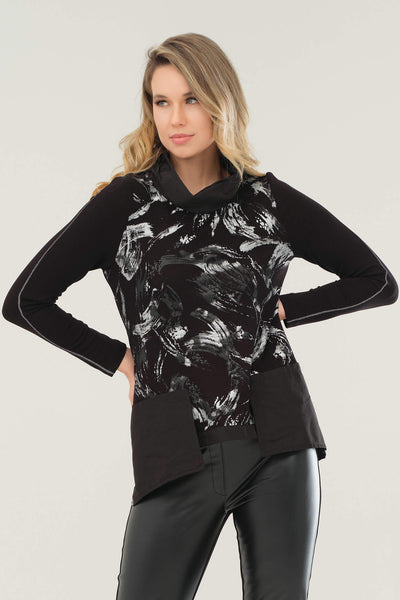 Dolcezza 73141 Black Brush Strokes Print Rollneck Tunic Top - Rouge Boutique