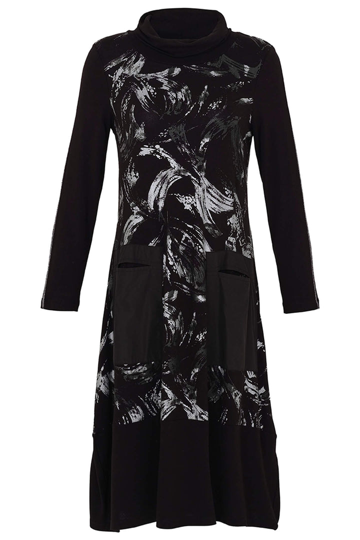 Dolcezza 73145 Black Brush Strokes Print Cowl Neck Dress - Rouge Boutique
