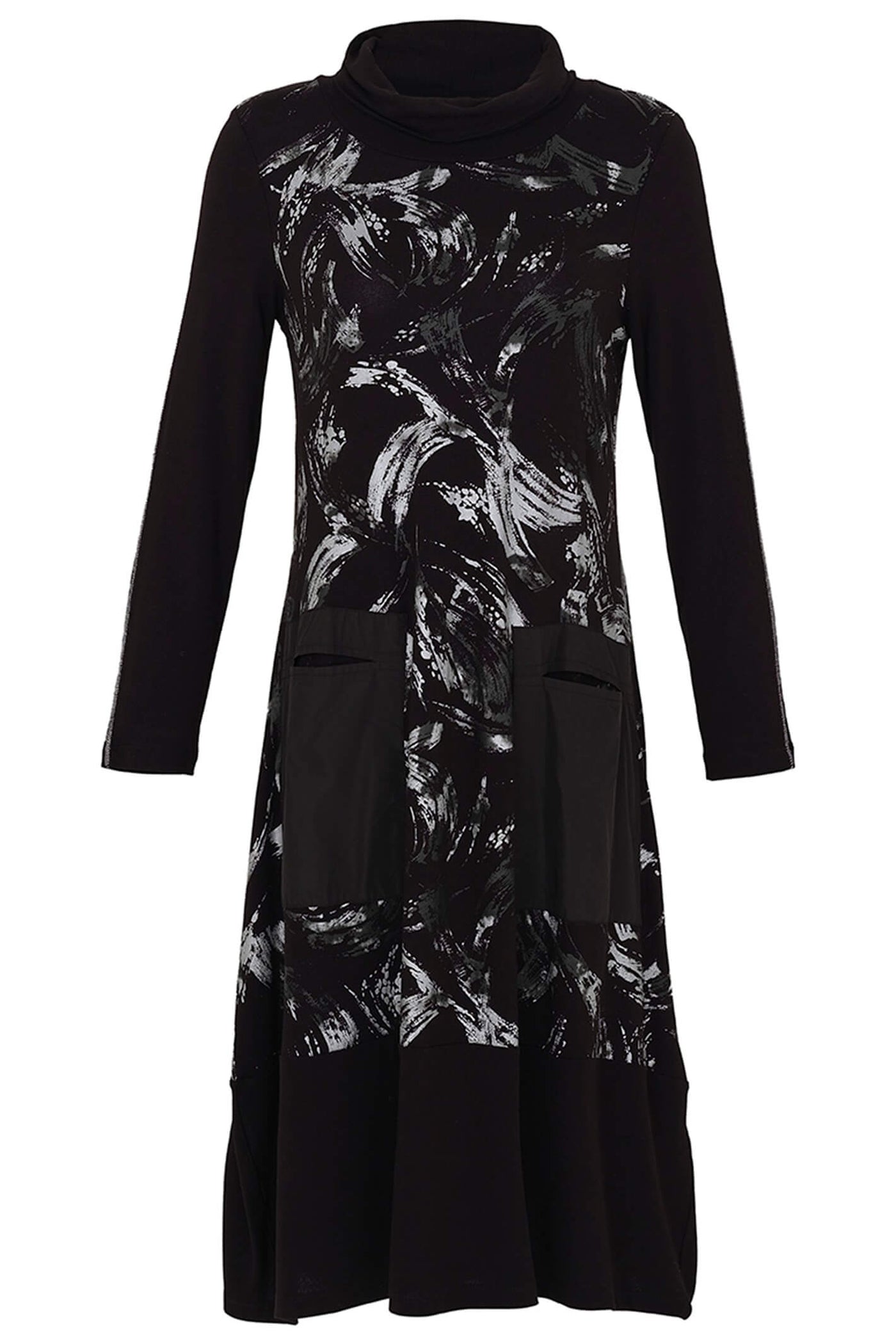 Dolcezza 73145 Black Brush Strokes Print Cowl Neck Dress - Rouge Boutique