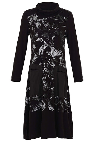 Dolcezza 73145 Black Brush Strokes Print Cowl Neck Dress - Rouge Boutique