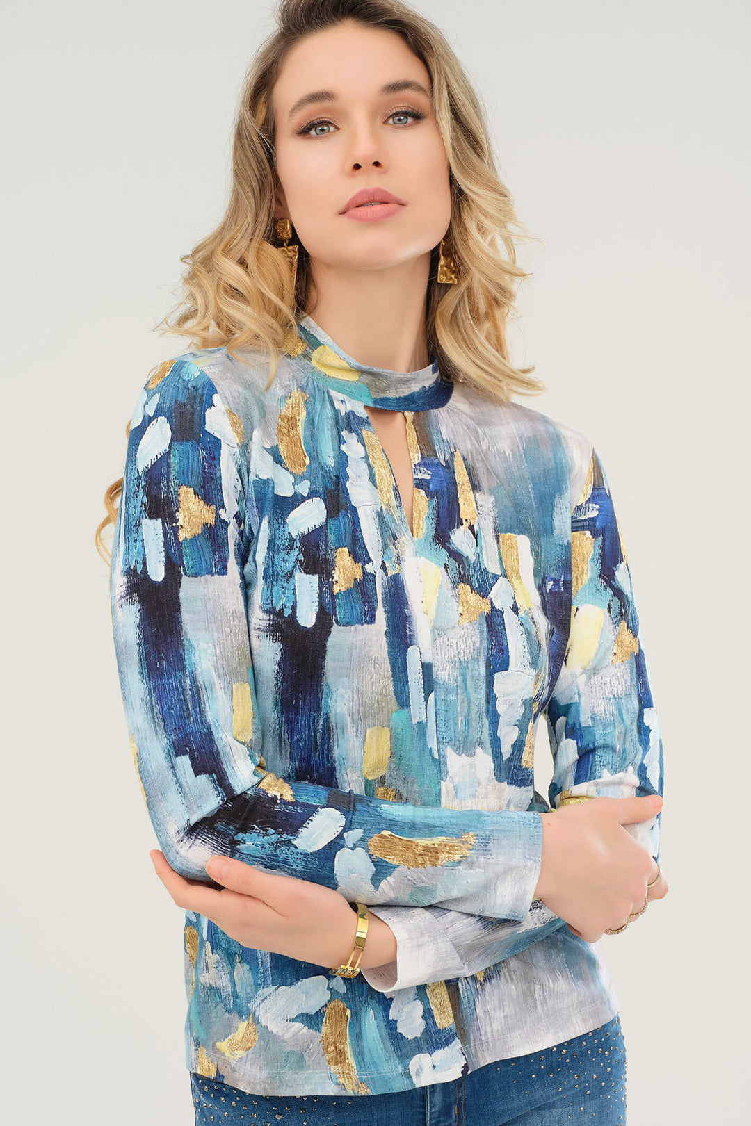 Dolcezza 73622 Blue Abstract 2021 Print High Neck Top - Rouge Boutique
