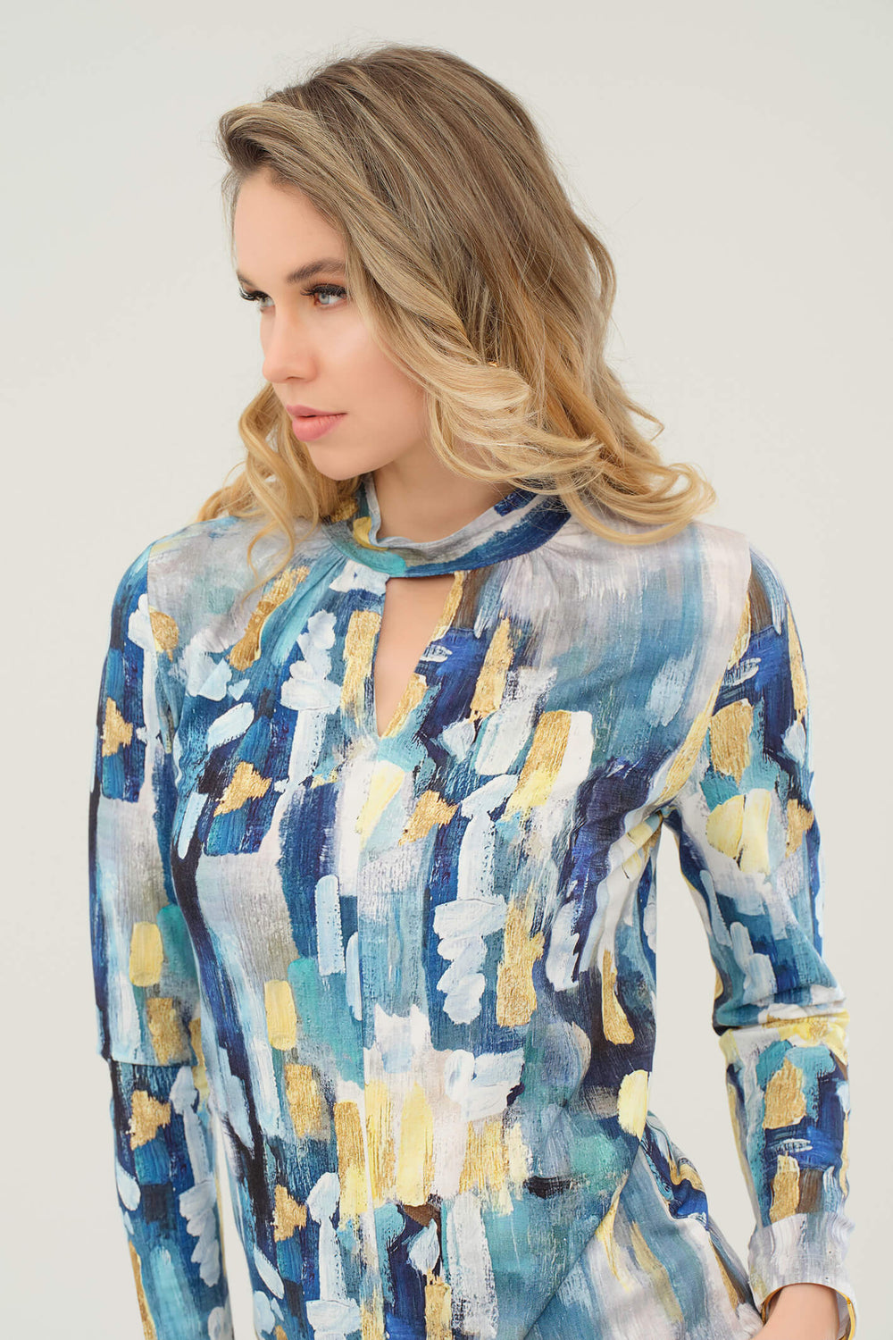 Dolcezza 73622 Blue Abstract 2021 Print High Neck Top - Rouge Boutique