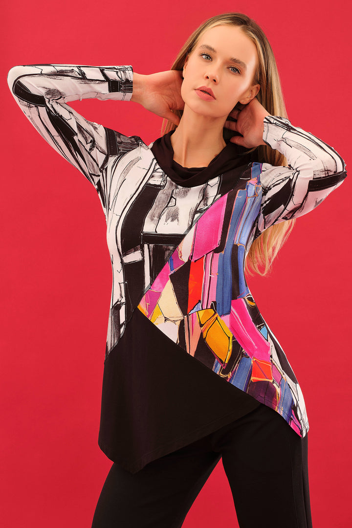 Dolcezza 75632 Black White Multicolour Abstract Print Top