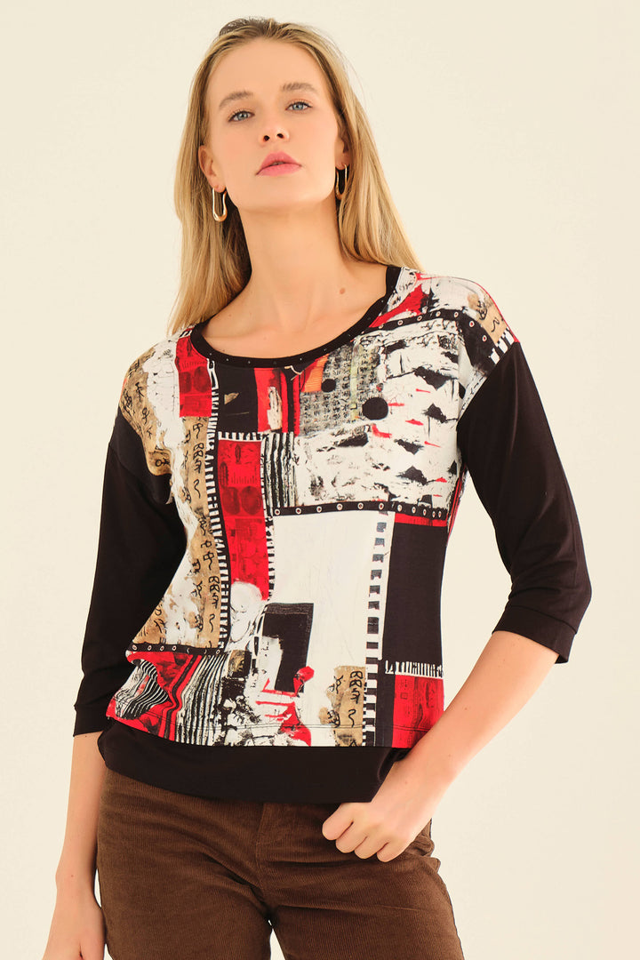 Dolcezza 75642 Red Black Beige Carol-Staub-Bookworn Print Top