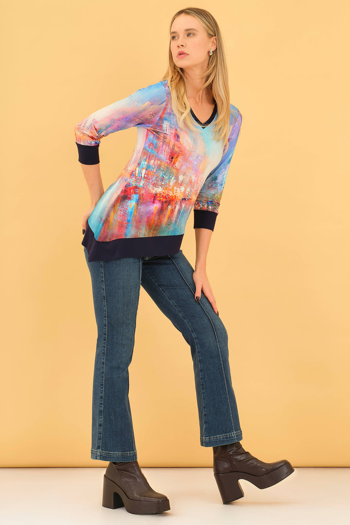 Dolcezza 75712 The Blue City Print Asymmetric Hem Top