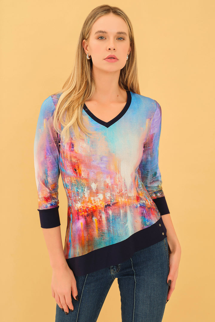 Dolcezza 75712 The Blue City Print Asymmetric Hem Top