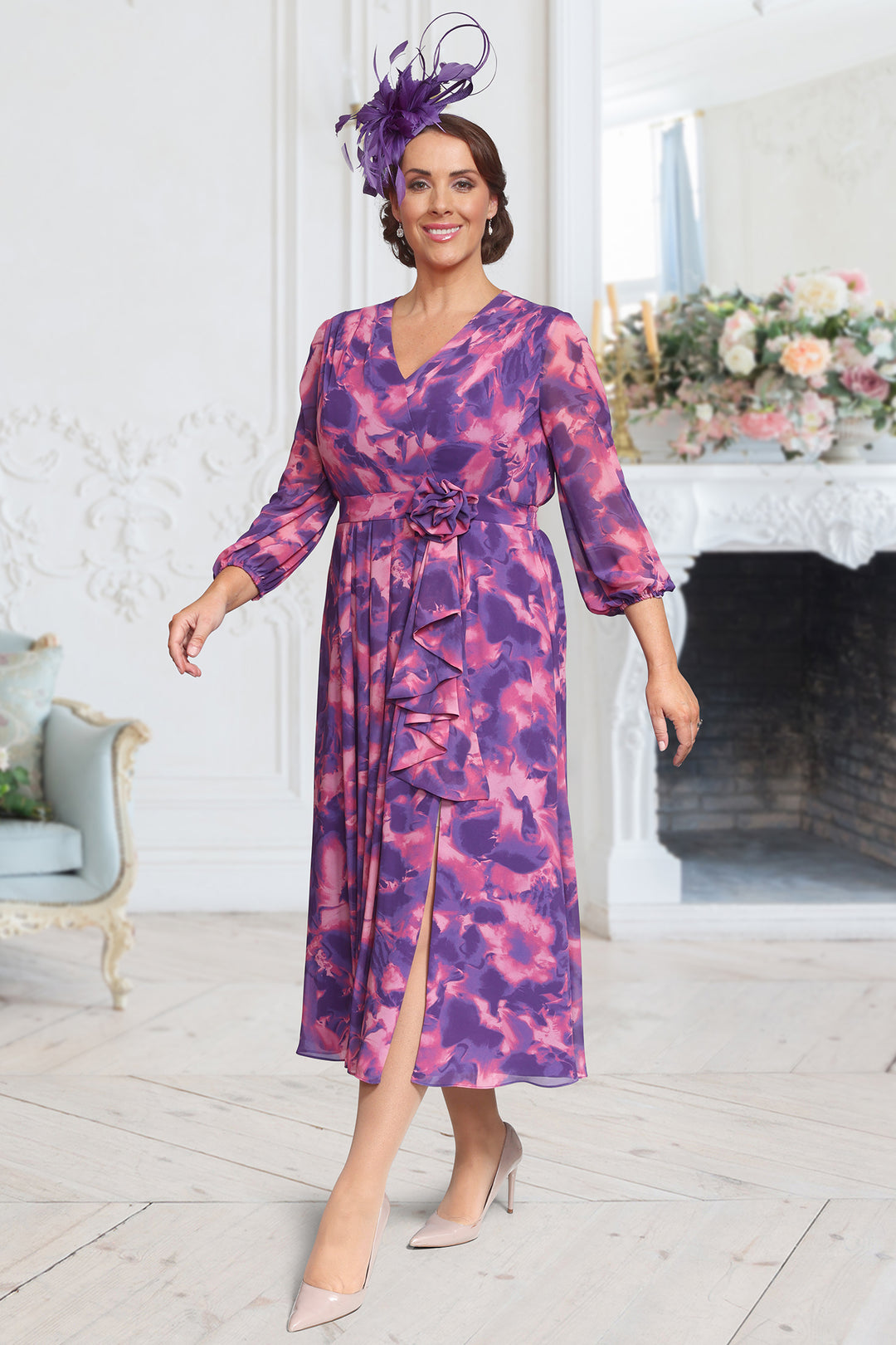 Dressed Up DU674K Abstract Print Chiffon Occasion Dress Purple Fuchsia Pink - Rouge Boutique Inverness