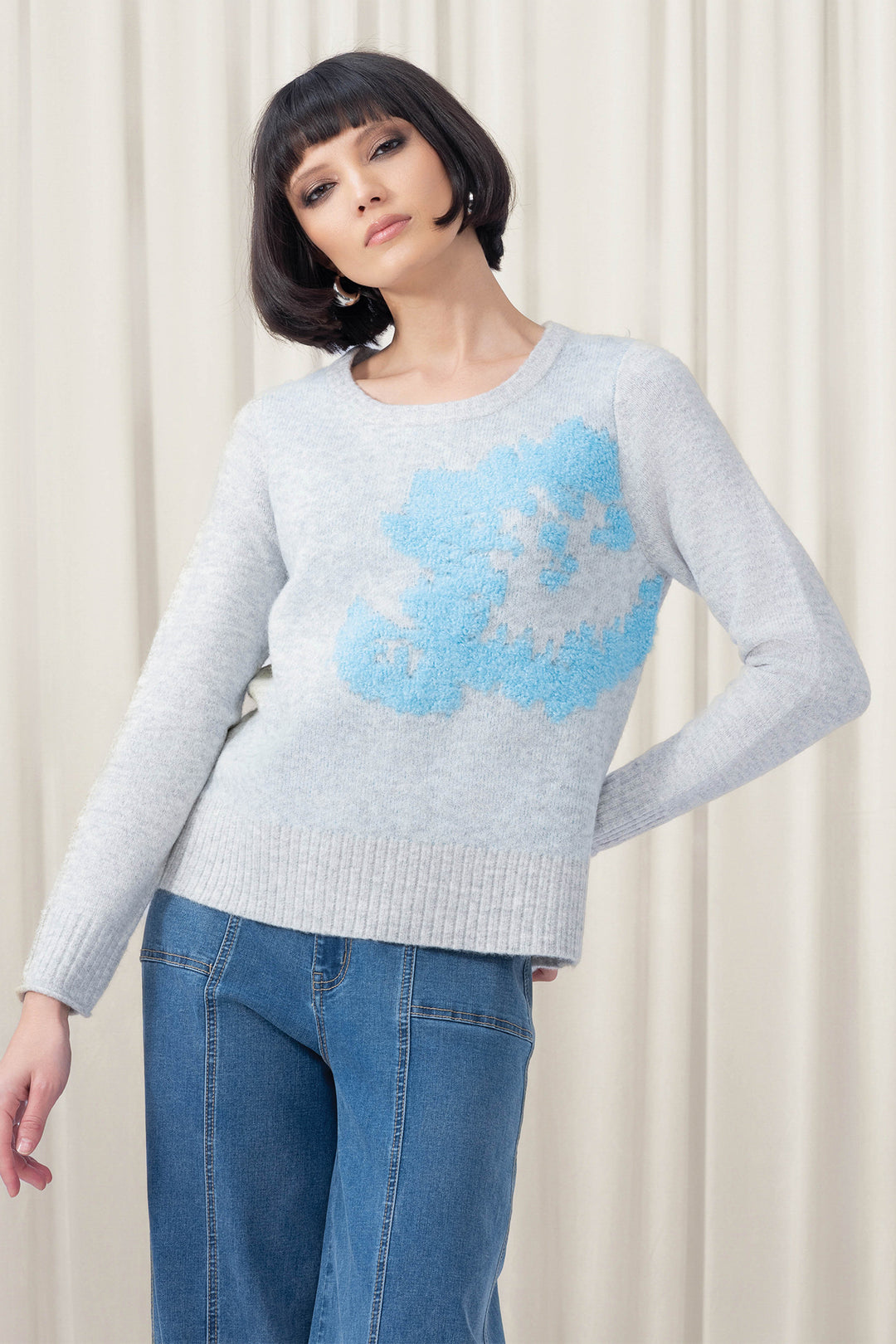 Elena Wang EW35138 Grey Blue Combo Round Neck Jumper- Rouge Boutique Inverness