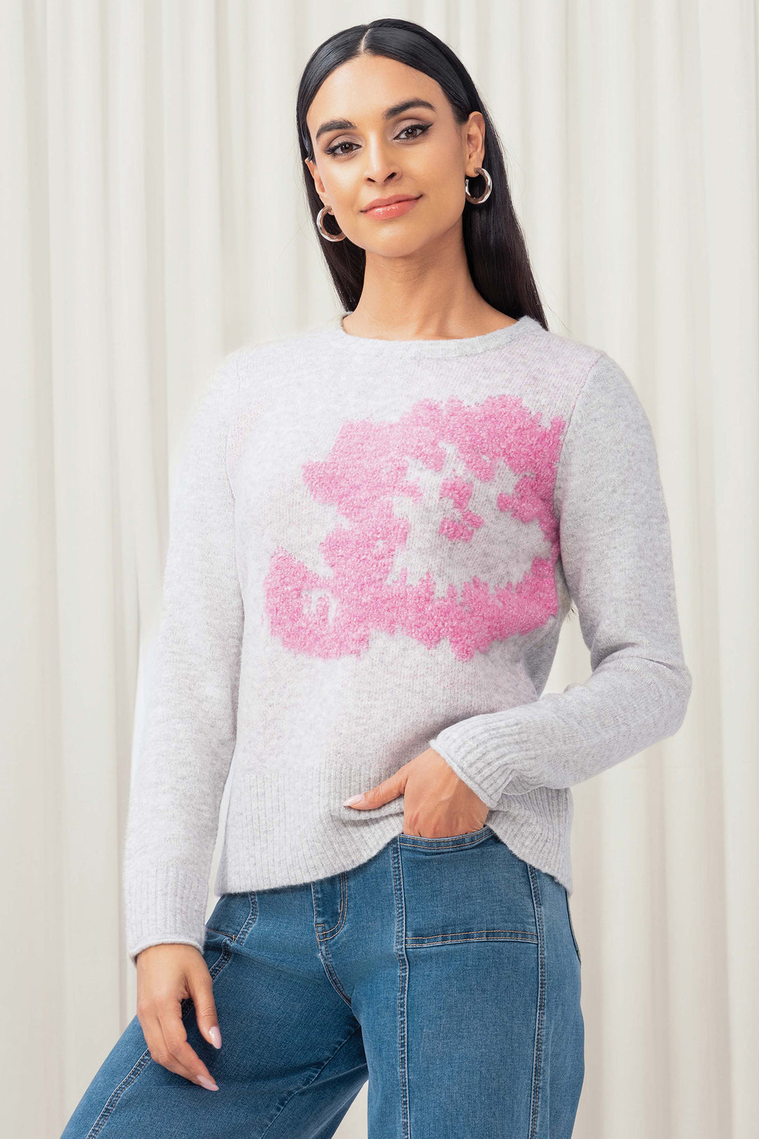 Elena Wang EW35138 Grey Pink Combo Round Neck Jumper - Rouge Boutique Inverness