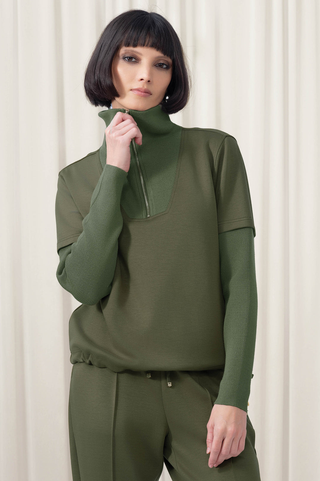 Elena Wang EW35200 Khaki Green Zip Neck Jumper - Rouge Boutique Inverness