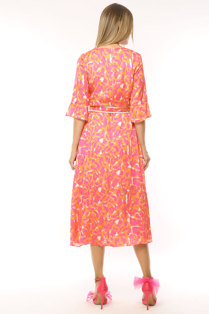 Ella Boo 2300-32 Hot Pink Orange Wrap Bust Midi Occasion Dress