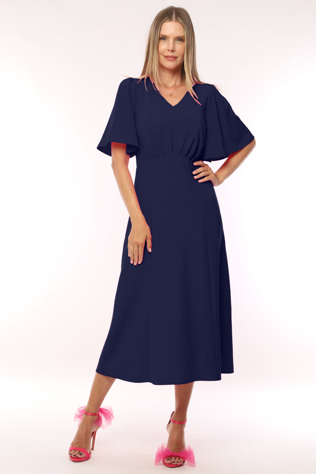 Ella Boo 2309-40 Navy V-Neck Bell Sleeve Midi Occasion Dress - Rouge Boutique Inverness