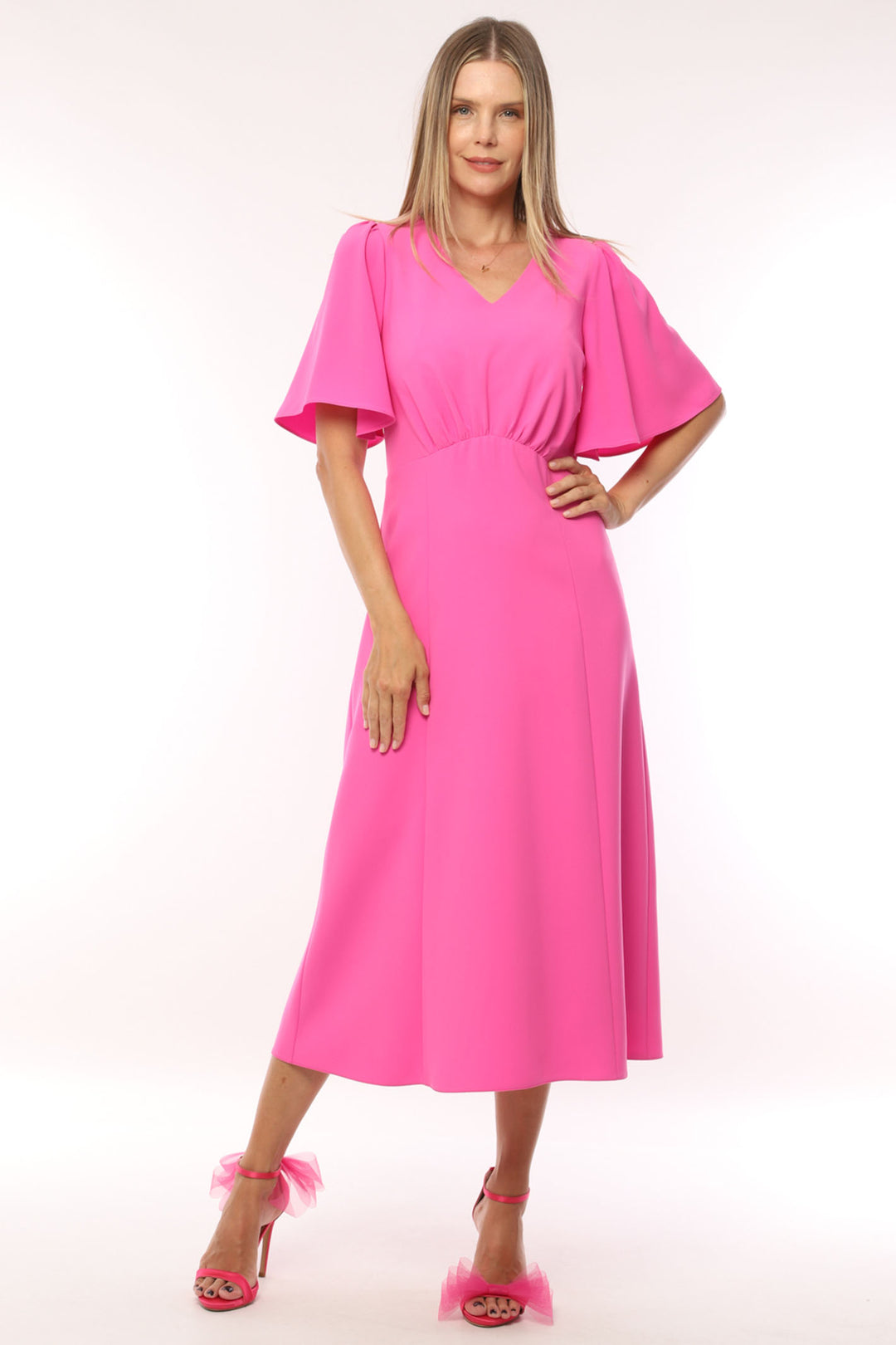 Ella Boo 2309-40 Pink V-Neck Bell Sleeve Midi Occasion Dress - Rouge Boutique Inverness