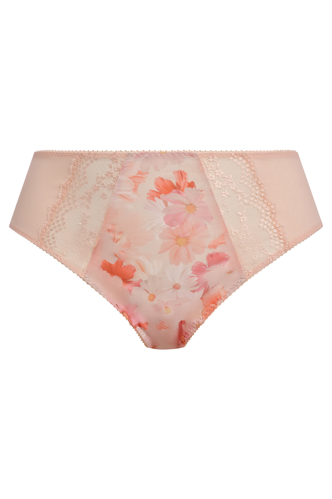 Floral-patterned underwear with lace trim on a white background