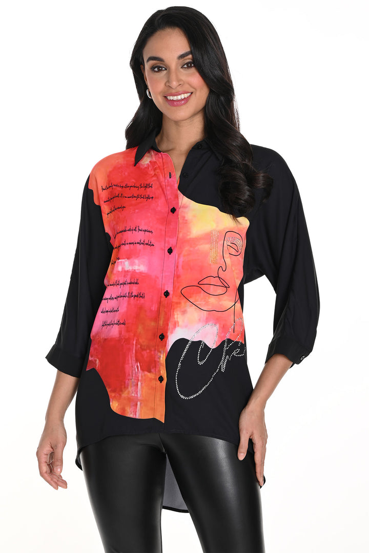 Frank Lyman 243488U Black Orange Print Shirt - Rouge Boutique