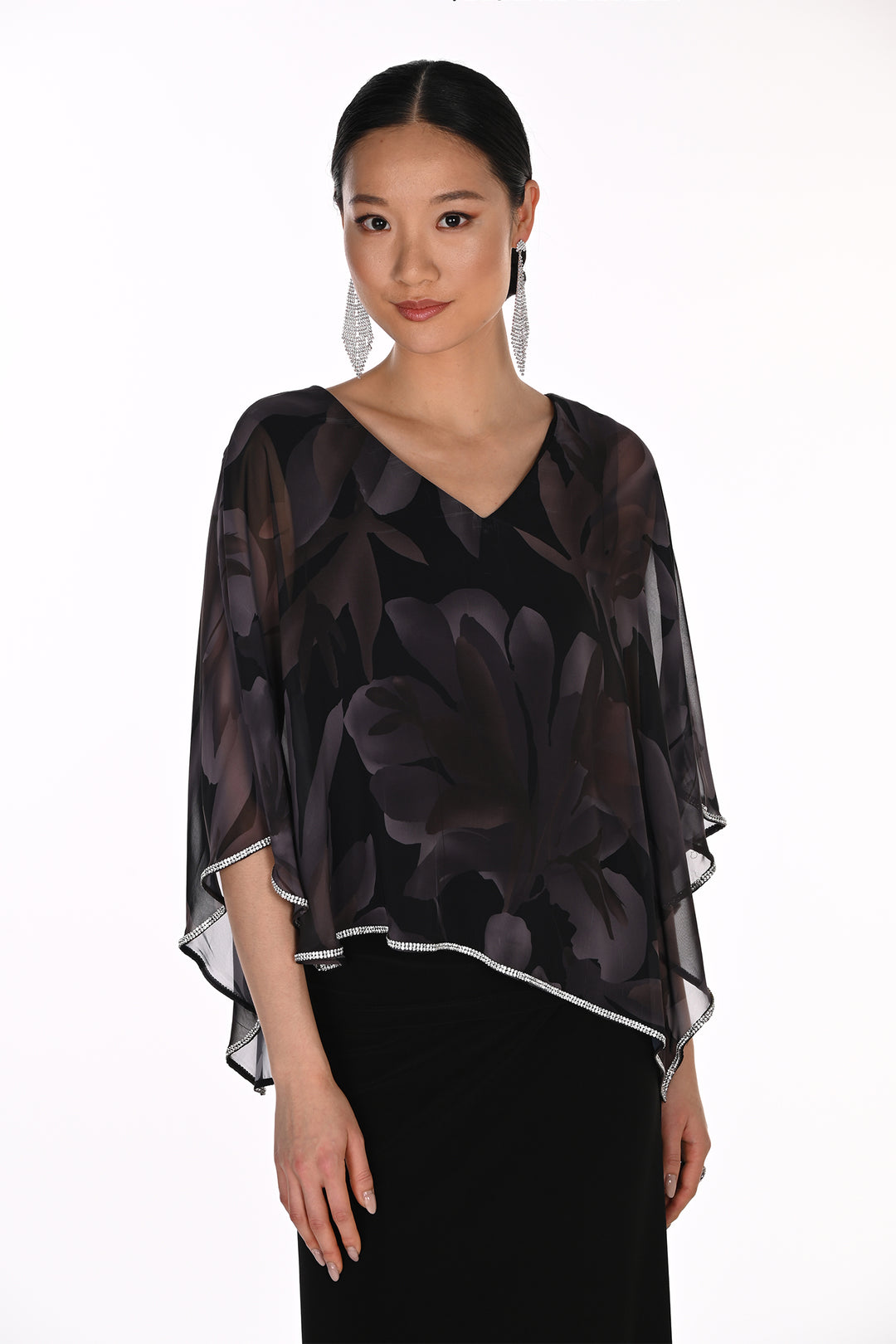 Frank Lyman Black Grey Floral Cape Top 269149 1020, front view