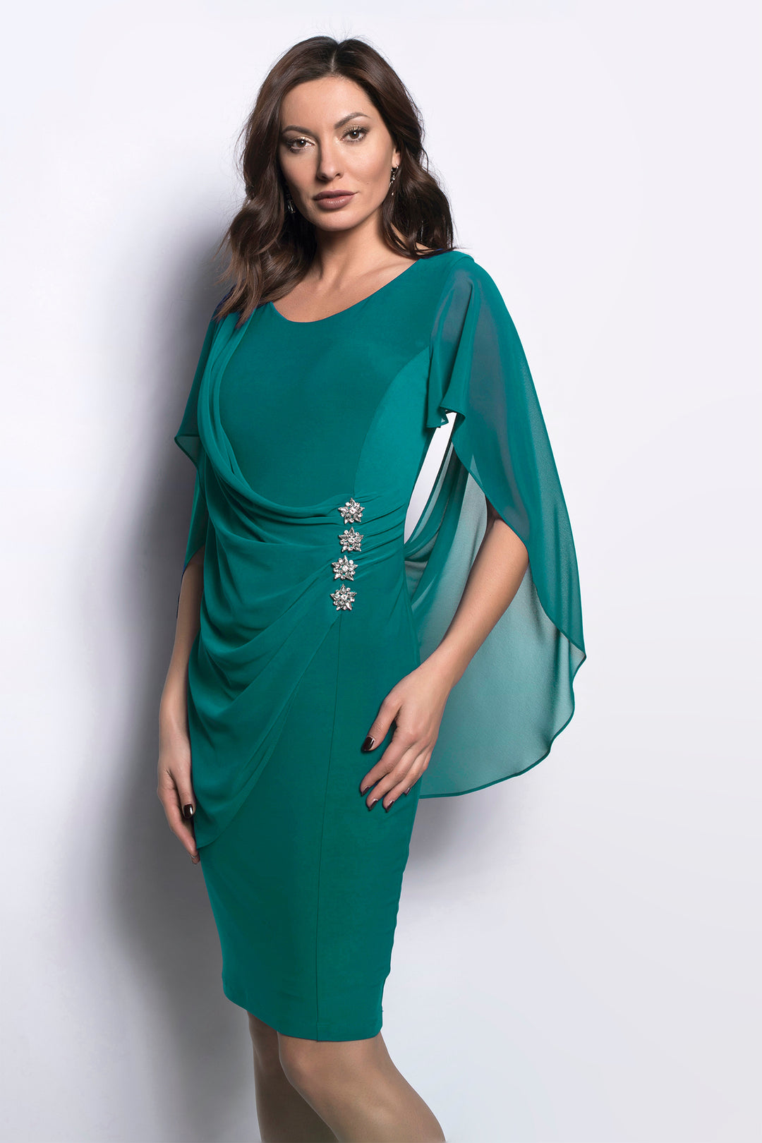Frank Lyman Duchess Green Cape Sleeve Dress 209228 719, front view