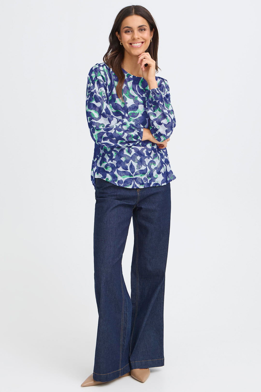 Fransa 20617394 Frariana Navy Green Boho Bloom Print Blouse 900005107