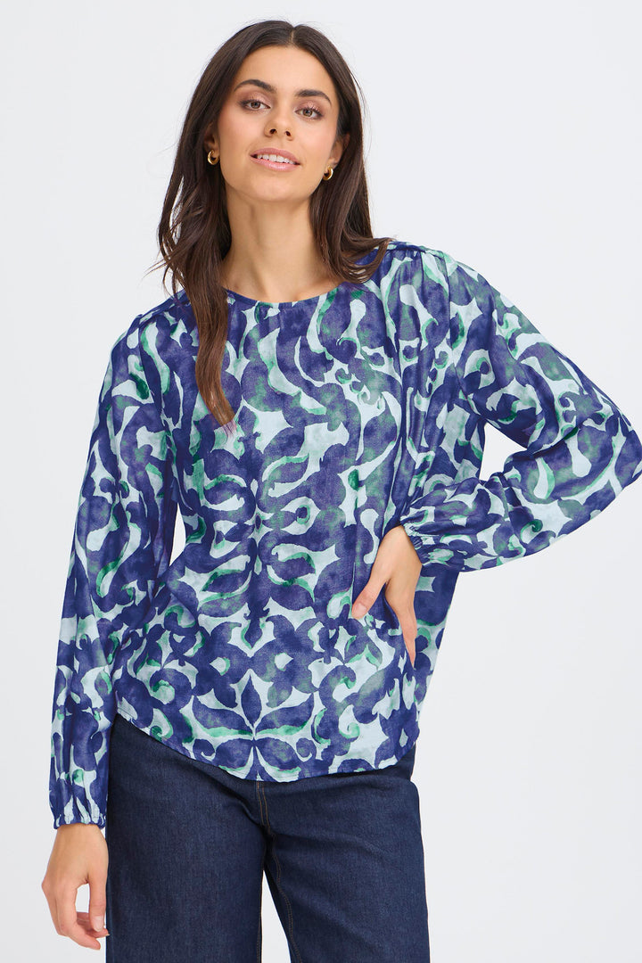 Fransa 20617394 Frariana Navy Green Boho Bloom Print Blouse 900005107