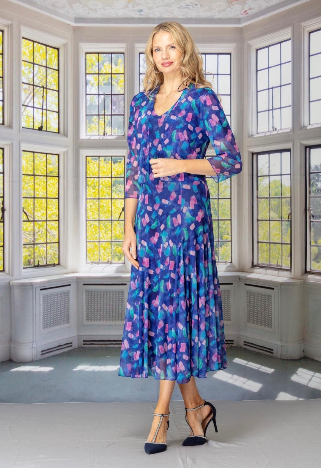 Glitz 1423 Blue Print Dress With Matching Shrug Rouge Boutique Inverness Glitz 1423 Blue Print Dress With Matching Shrug Rouge Boutique Inverness