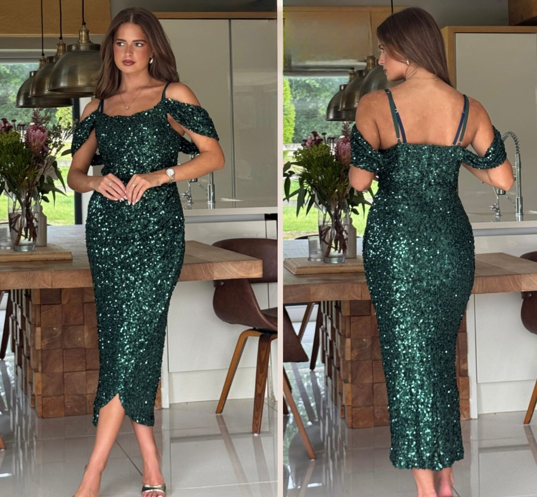 Dresses at Rouge Camila Green Sequin Wrap Midi Dress