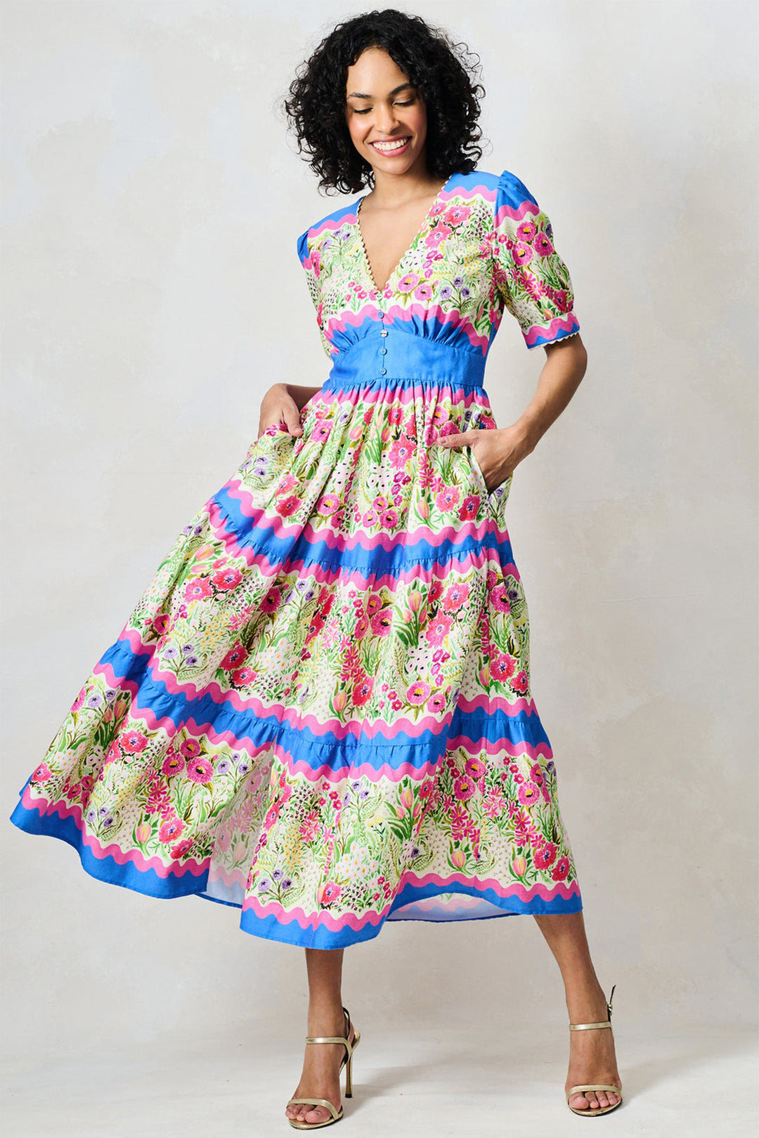 Hope &amp; Ivy Jo Blue Pink Floral Print Tea Dress