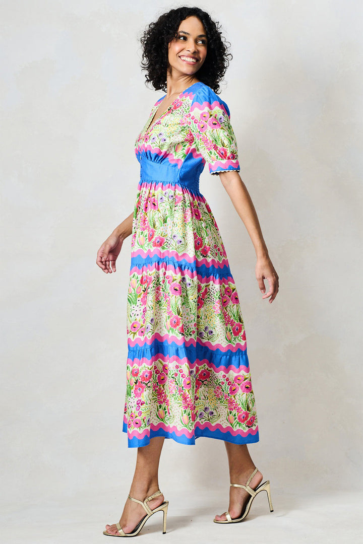 Hope &amp; Ivy Jo Blue Pink Floral Print Tea Dress