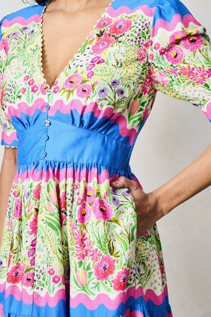 Hope &amp; Ivy Jo Blue Pink Floral Print Tea Dress