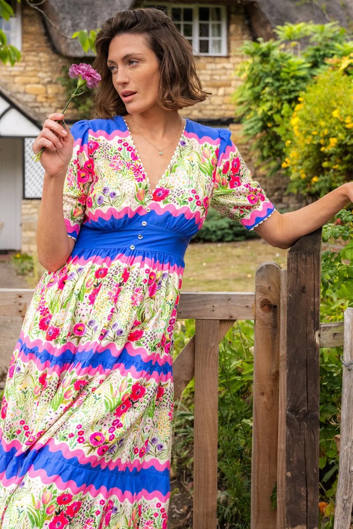 Hope &amp; Ivy Jo Blue Pink Floral Print Tea Dress