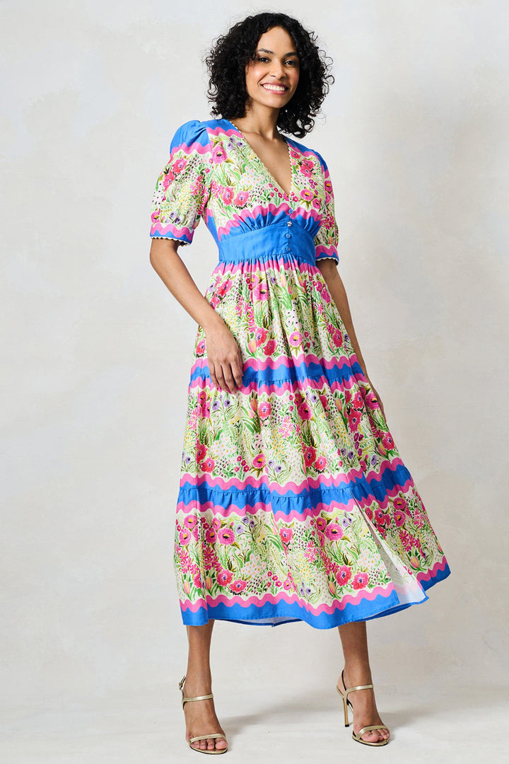Hope &amp; Ivy Jo Blue Pink Floral Print Tea Dress
