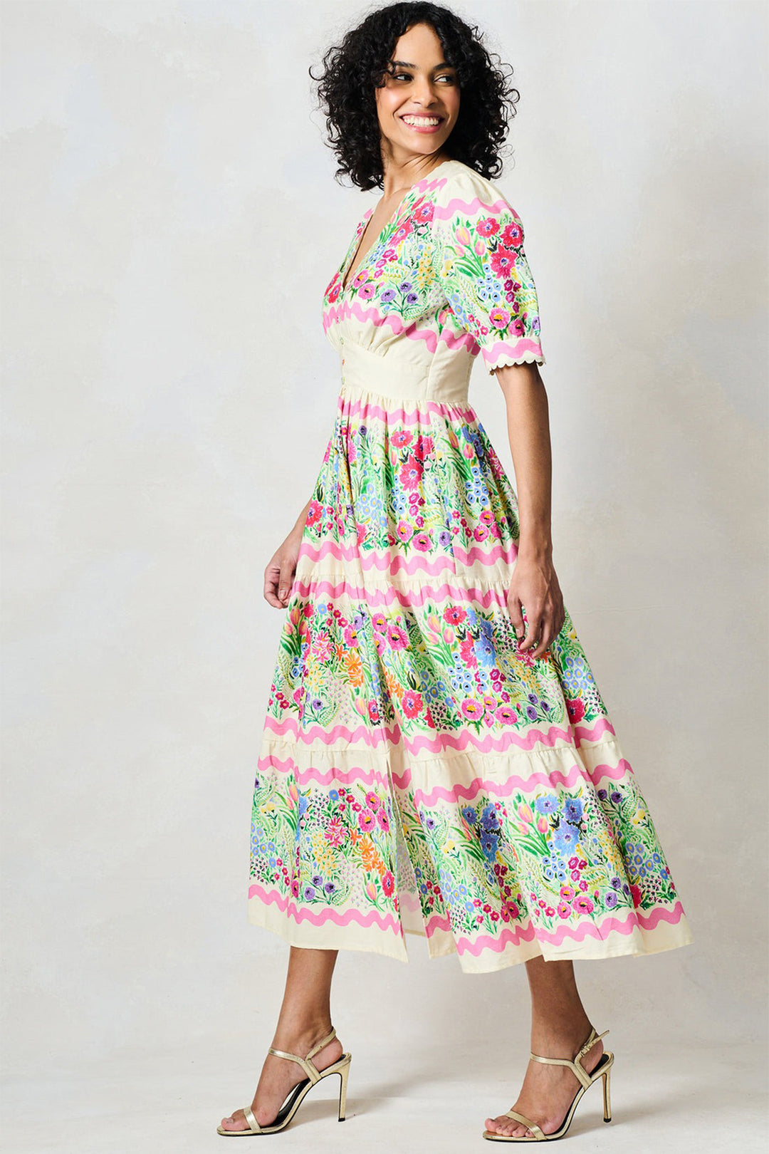 Hope &amp; Ivy Larysa Cream Multi Floral Print Puff Sleeve Dress
