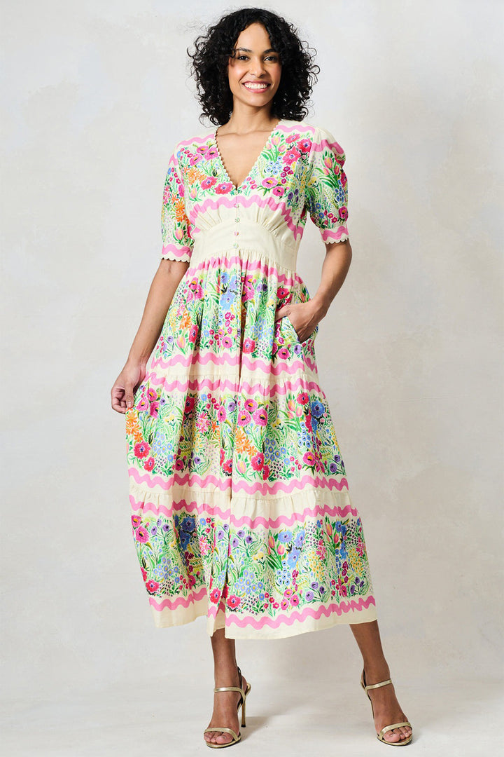 Hope &amp; Ivy Larysa Cream Multi Floral Print Puff Sleeve Dress