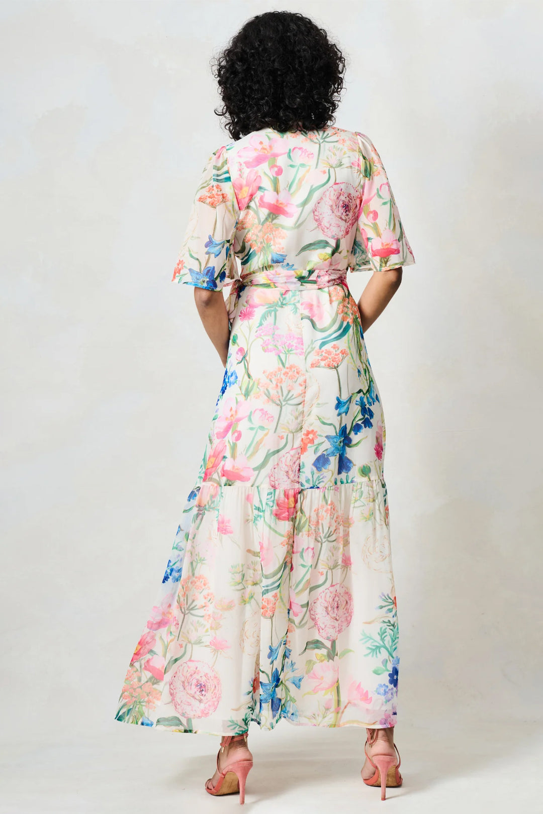 Hope &amp; Ivy Michelle Cream Multi Floral Print Flutter Sleeve Dress