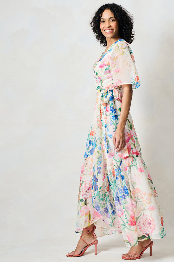 Hope &amp; Ivy Michelle Cream Multi Floral Print Flutter Sleeve Dress