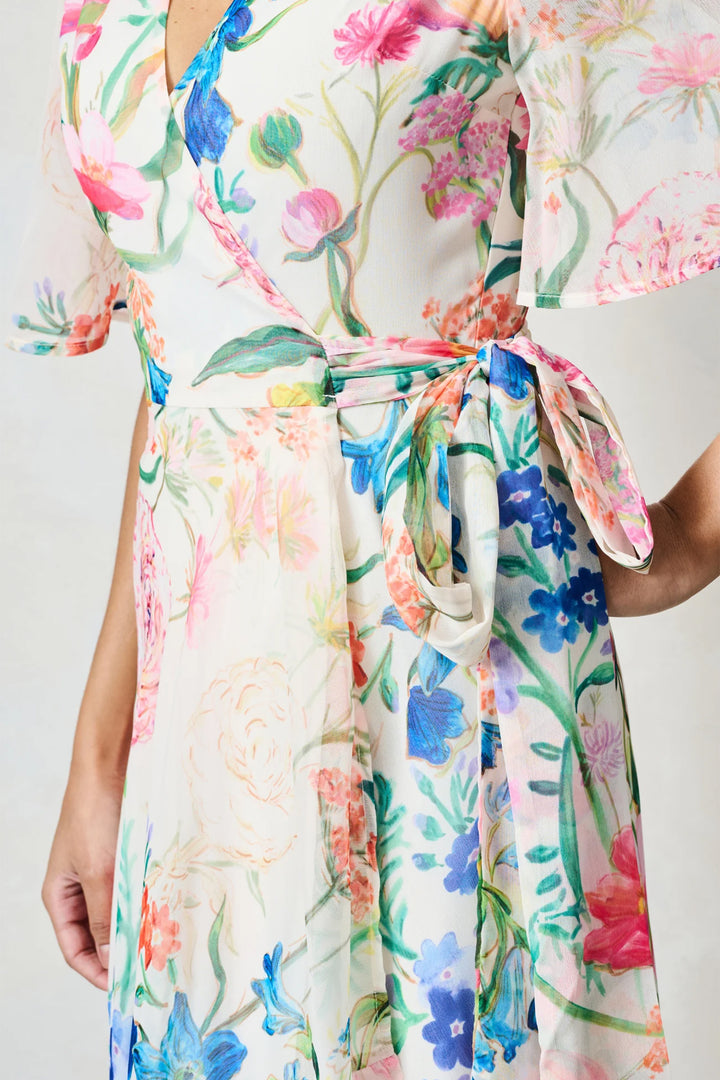 Hope &amp; Ivy Michelle Cream Multi Floral Print Flutter Sleeve Dress