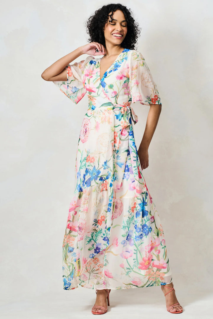 Hope &amp; Ivy Michelle Cream Multi Floral Print Flutter Sleeve Dress